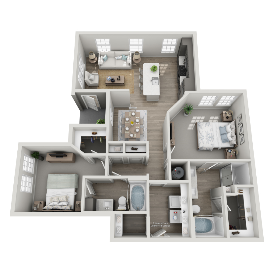 Rendering of the B4-L ALT floor plan with 2 bedroom[s] and 2 bathroom[s] at Milo (Garden)